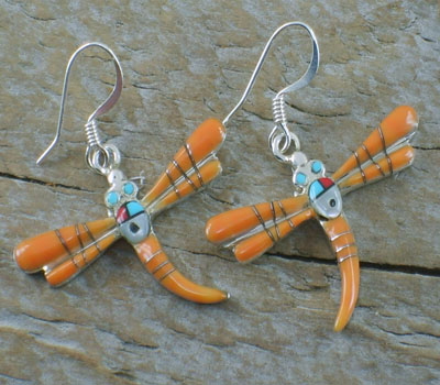 Orange Spiny Oyster Shell Inlay Dragonfly Earrings